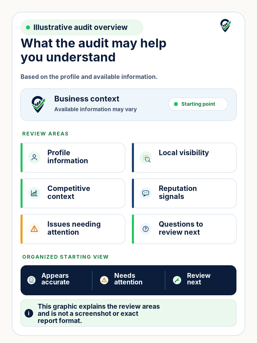 Mobile illustrative audit overview showing business context, six possible review areas, and an organized starting view.