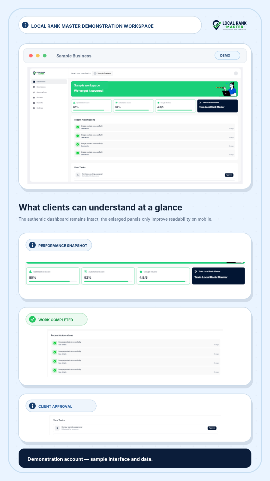 Local Rank Master demonstration workspace showing performance, recent automated work, and a review task awaiting approval.